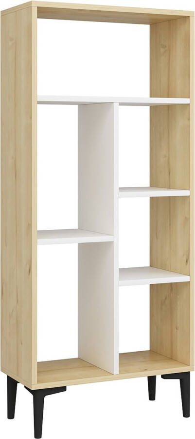 Inandoutdoormatch Boekenkast Plank Ferne 138 6x60x29 6 cm Eiken en Wit Spaanplaat 6 Open Compartimenten Modern Design