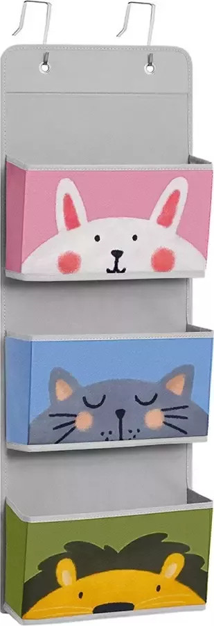 Inandoutdoormatch Hang Organizer Siena Hangtas Hangopberger met 3 Zakken 2 Haken 33x11.5x90cm Dieren Thema Deur Wandkast Kinderkamer Roze Blauw Groen Grijs
