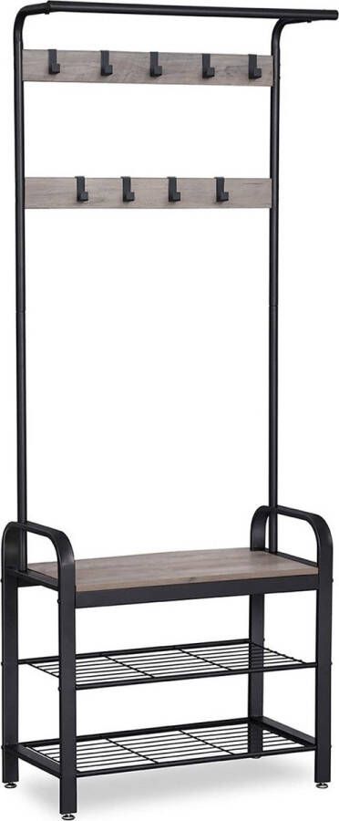 Inandoutdoormatch Kapstok Fayiz Met schoenenrek opbergruimte Grijs 9 haken Wandkapstok Industrieel 183cm Vaderdag cadeau