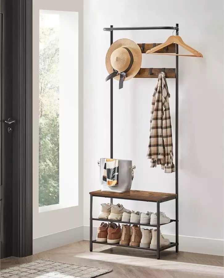 Inandoutdoormatch Kapstok Jady Met schoenenrek 9 haken Wandkapstok Industrieel Met plank Hoedenplank 180cm moederdag cadeautje