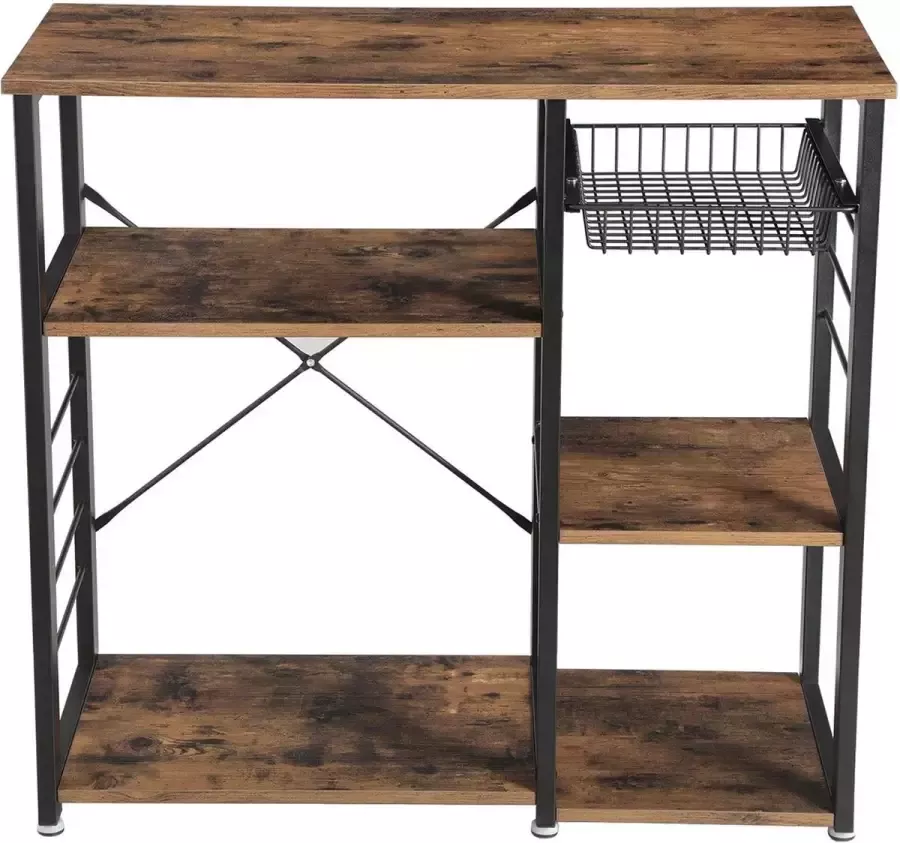 inandoutdoormatch Keukenrek staand vintage Met mand Bakkersrek Magnetronrek Metaal en hout 120x60x90cm