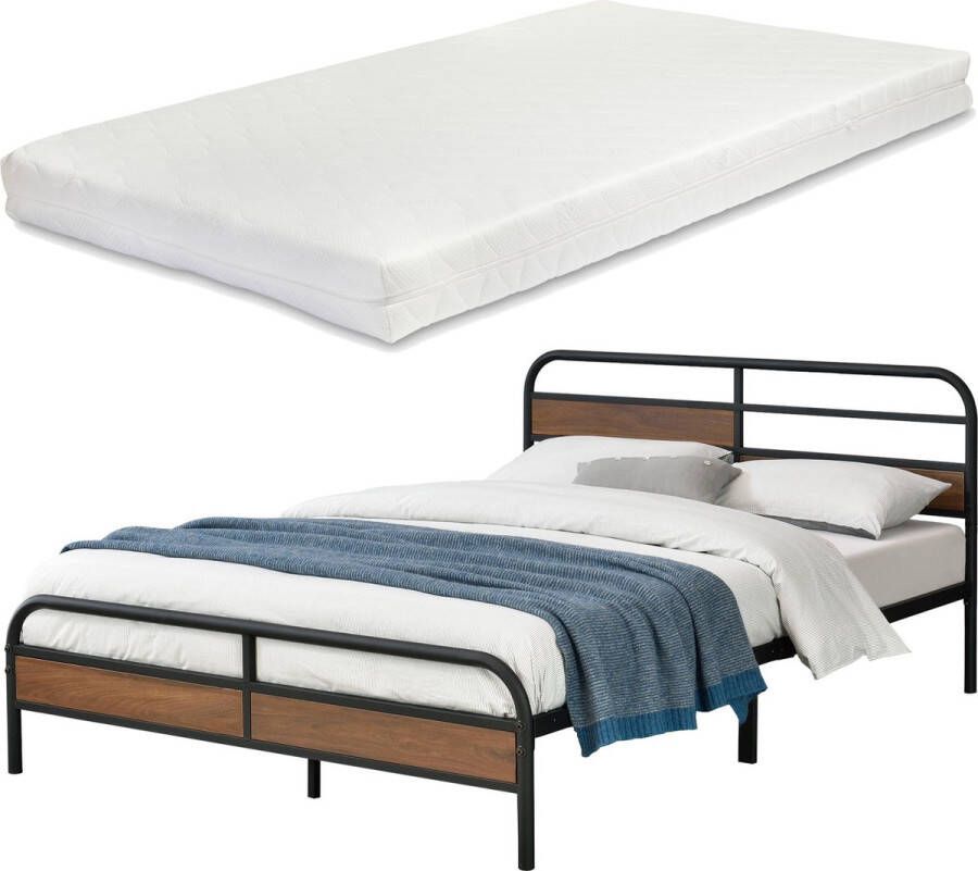 Inandoutdoormatch Metalen Bed Lou Bedframe Met Matras Zwart Walnootkleurig 140x200 cm