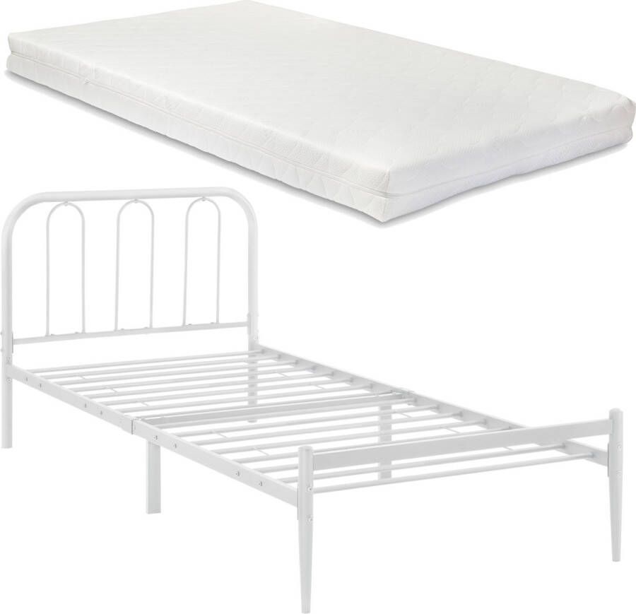 Inandoutdoormatch Metalen Bedframe Hansko Wit Met Matras 90x200cm Staal Gepoedercoat Koudschuim - Foto 2