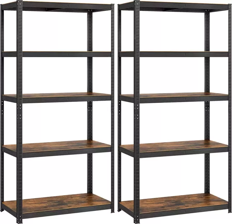 Inandoutdoormatch Opbergrekken Babette Heavy Duty Planken Set van 2- 50x100x200cm -Belastbaar tot 875 kg- Legborden Inhaakbare Planken Verstevigd Stalen Frame -5 Verstelbare Planken- Zwart Vaderdag cadeau