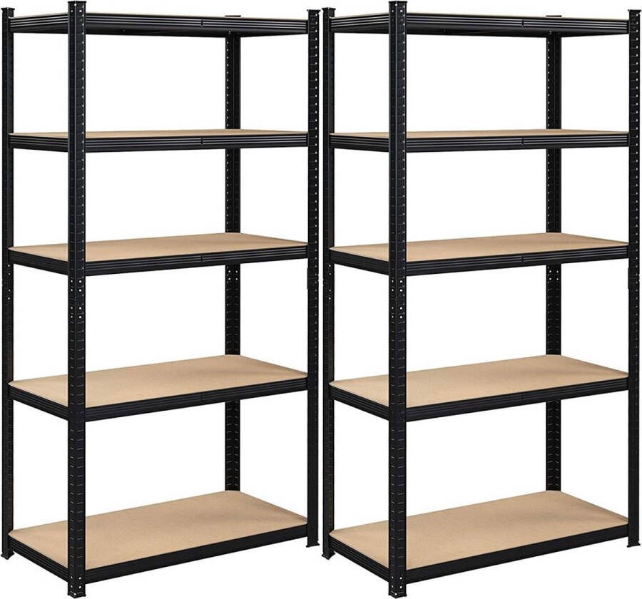 Inandoutdoormatch Opbergrekken Dina Heavy Duty Planken Set van 2- 180x90x40cm -Belastbaar tot 875 kg- Legborden Inhaakbare Planken Verstevigd Stalen Frame -5 Verstelbare Planken- Zwart Vaderdag cadeau