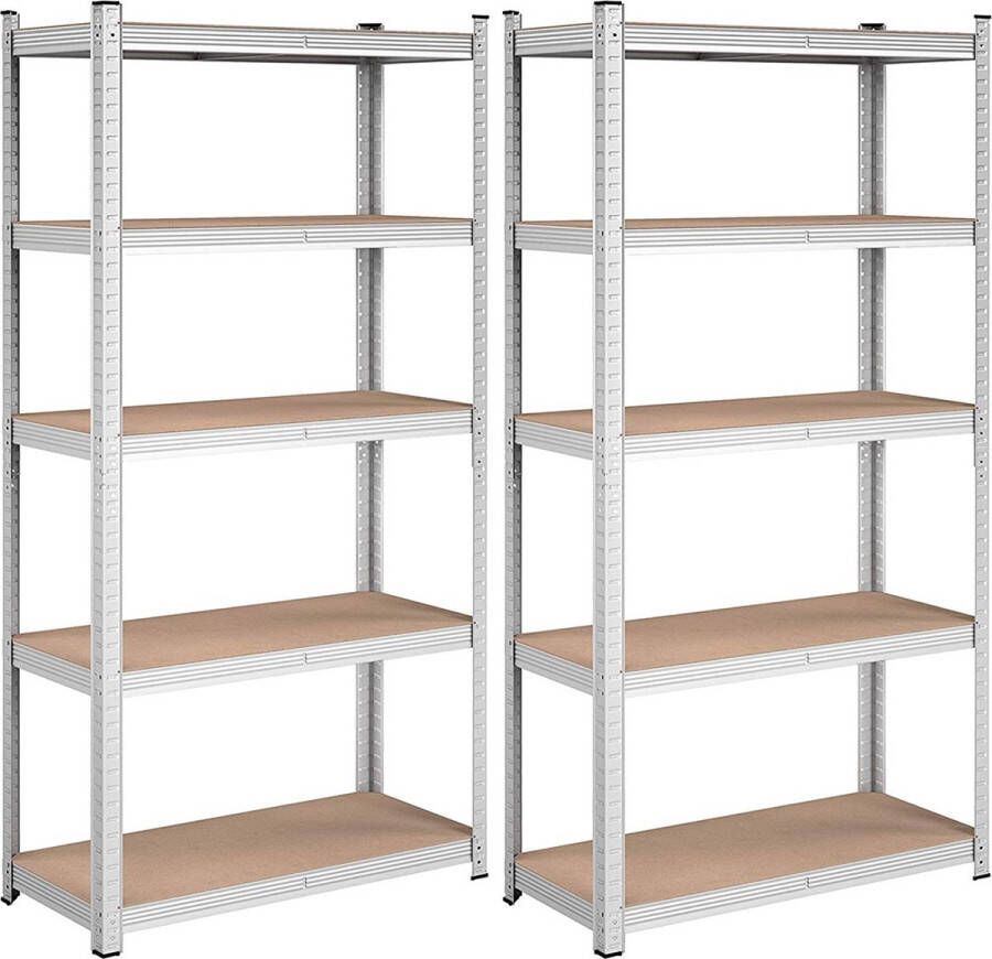 Inandoutdoormatch Opbergrekken Kevin Heavy Duty Planken Set van 2- 180x90x40cm -Belastbaar tot 875 kg- Planken Inhaakbare Planken- Verstevigd Stalen Frame -5 Verstelbare Planken- Zilver Vaderdag cadeau