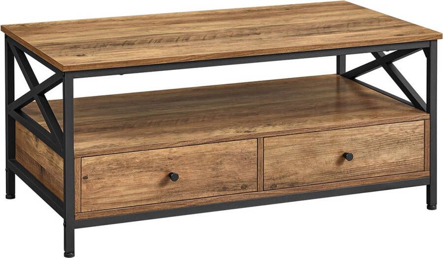 Inandoutdoormatch Salontafel Leandra Woonkamer Banktafel voor Woonkamer met Laden X-vormige Bars Open Planken Industrieel Design Vintage Bruin Zwart Vaderdag cadeau