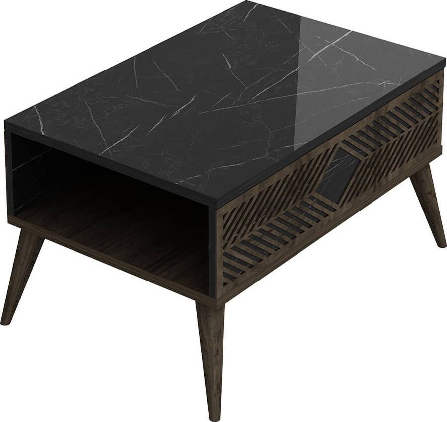 inandoutdoormatch Stijlvolle Salontafel Jef 40x90x60cm Marmer Zwart en Walnootkleurig Modern Design Spaanplaat Metaal