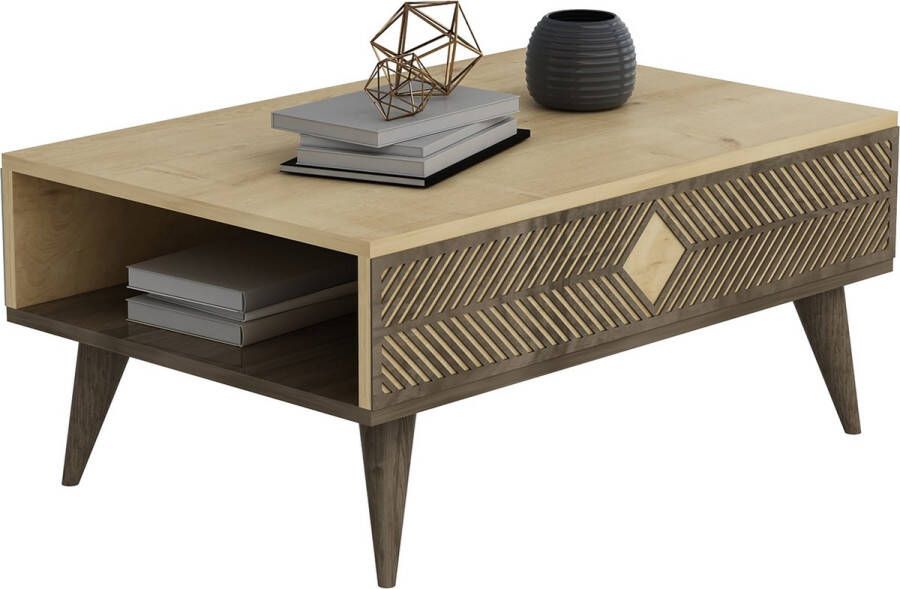 Inandoutdoormatch Stijlvolle Salontafel Saundra 40x90x60cm Marmer Zwart en Walnootkleurig Modern Design Spaanplaat Metaal