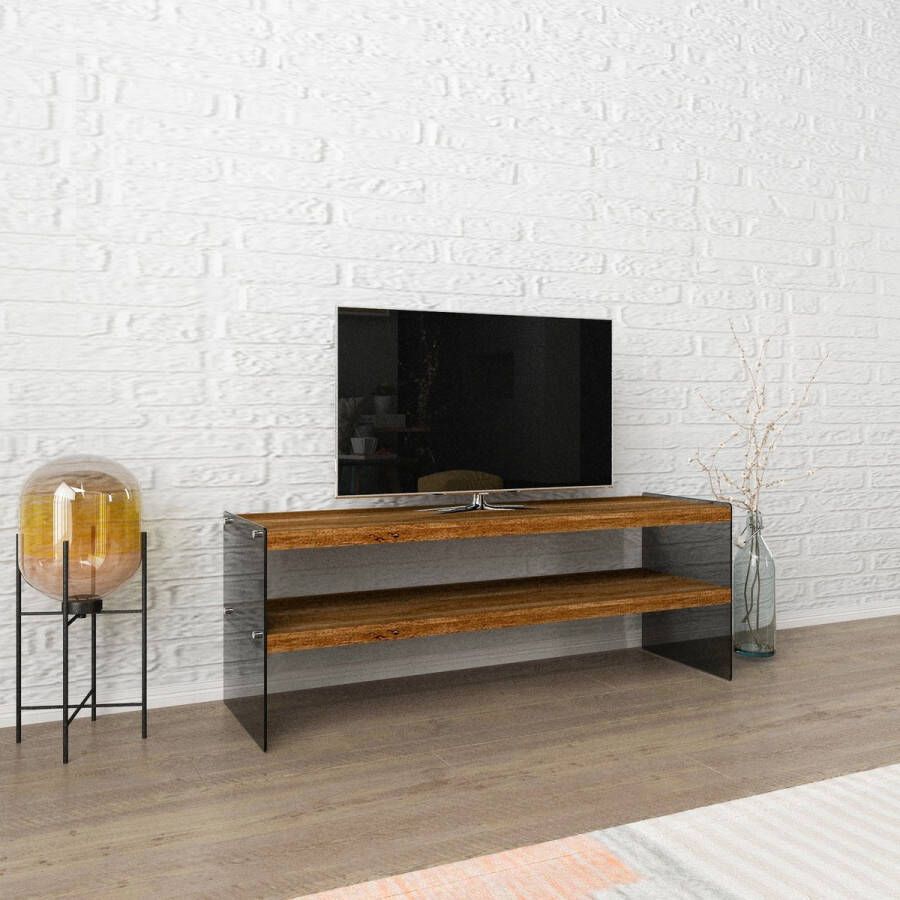 Inandoutdoormatch Tv-meubel Eulalia Tv-meubel 45x120x35 cm Houtkleurig en Transparant Spaanplaat en Gehard Rookglas Modern Design
