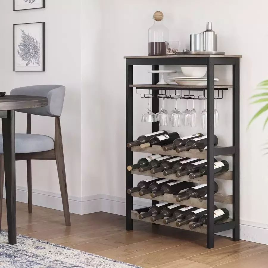 Inandoutdoormatch Wijnrek Candi 24 Flessen Wijnrek Vrijstaand Flessenrek met Glashouders voor Keuken Bar Eetkamer Vintage Greige Zwart Vaderdag cadeau