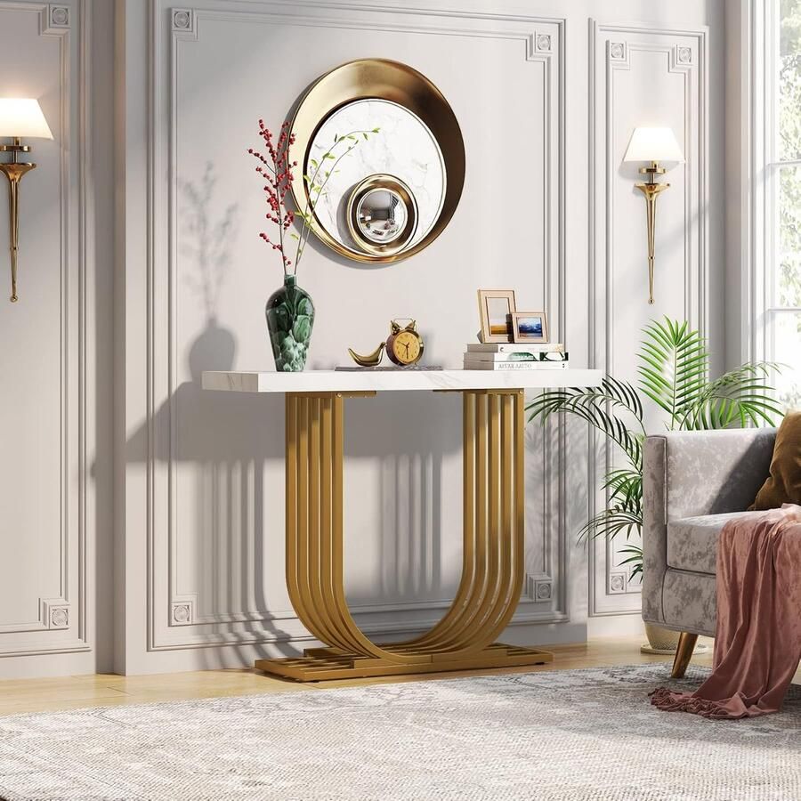 Indsutrialhome Luxe Consoletafel 90 cm – Witte Faux Marmeren Haltafel met Gouden U-frame – Moderne Smalle Banktafel voor Woonkamer Hal of Entree – Rechthoekig Tafelblad – Design Accentmeubel – 82 cm Hoog