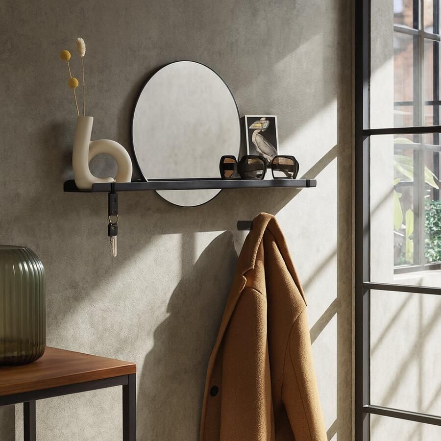 Indusigns Spiegelplank Wandplank met ronde spiegel Muurspiegel Mirror Glas: Ø30cm Zwart Organisch Staal Metaal Design Woondecoratie Plankje Plank Uniek Modern Industrieel Hal Toilet Wc Woonkamer Slaapkamer