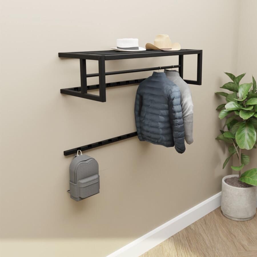 Indusigns stalen kapstok voor aan de wand TYPE 1 MET ROEDE wandkapstok zwart hoedenplank L 95cm x D 47cm x H 28cm industrieel modern design hal gang entree - Foto 3