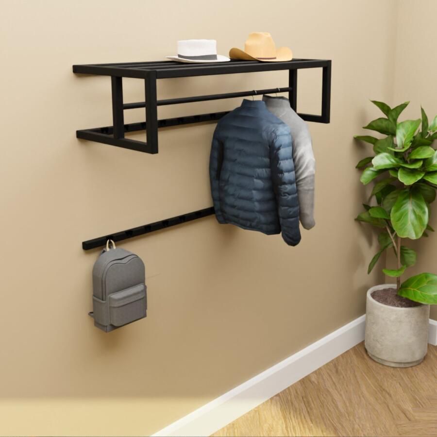 Indusigns stalen kapstok voor aan de wand TYPE 1 MET ROEDE wandkapstok zwart hoedenplank L 95cm x D 47cm x H 28cm industrieel modern design hal gang entree