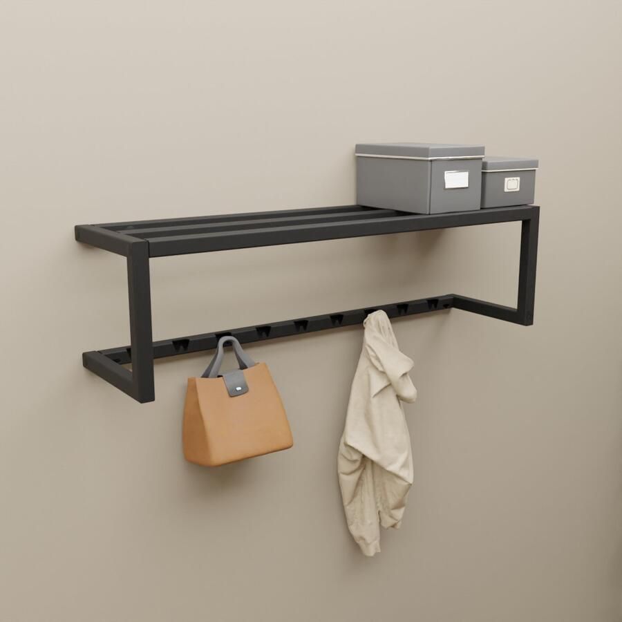 Indusigns stalen kapstok voor aan de wand TYPE 2 ZONDER ROEDE wandkapstok zwart hoedenplank L 95cm x D 30cm x H 28cm industrieel modern design hal gang entree - Foto 2
