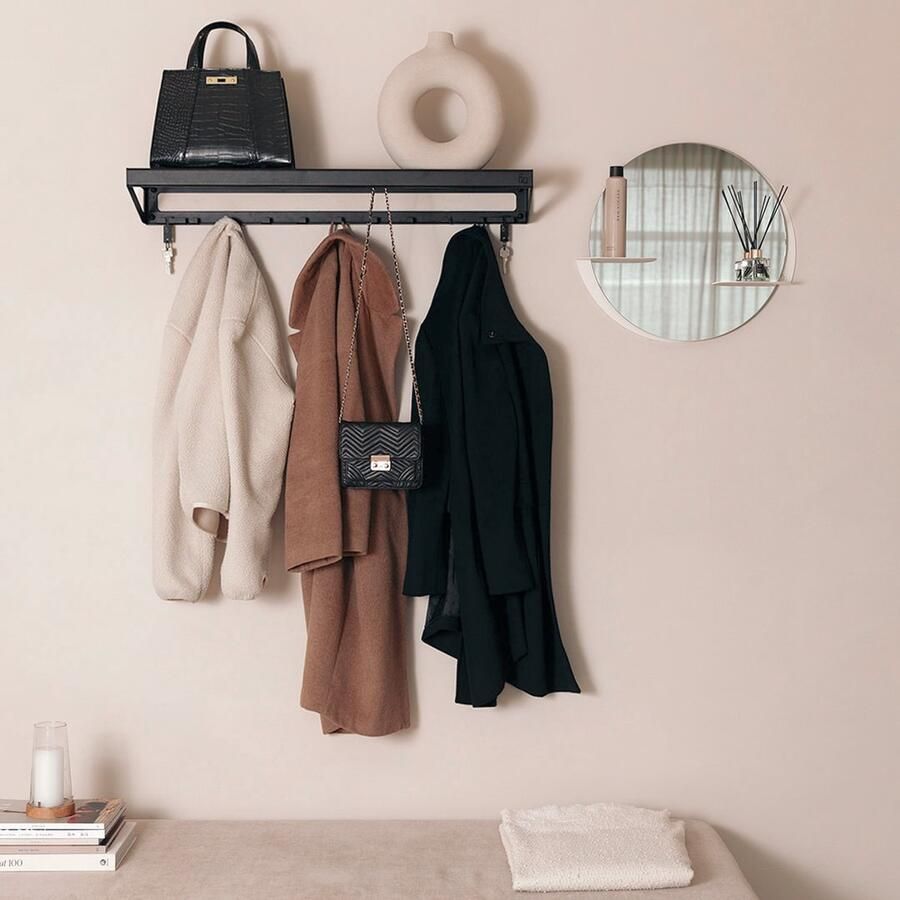 Indusigns Wandkapstok met Hoedenplank Type 2 Staal Zwart 95cm x 25cm x 10cm Wandkapstok Wandgarderobe Muurkapstok Jashanger Jashaken Plank Design Metaal Uniek Hal Gang Wand Muur Modern Industrieel Interieur