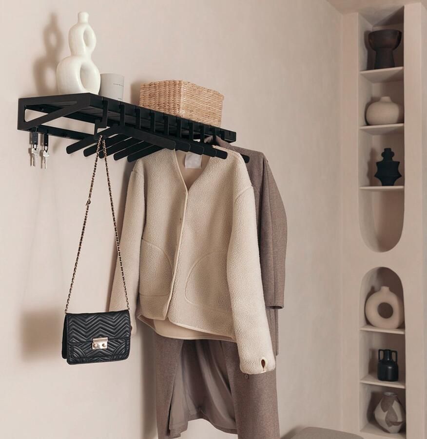 Indusigns Wandkapstok met Hoedenplank Type 1 Staal Zwart 119cm x 30cm x 10cm Kapstok Wandgarderobe Muurkapstok Jashanger Jashaken Design Plank Metaal Uniek Hal Gang Entree Wand Muur Modern Industrieel Interieur - Foto 3