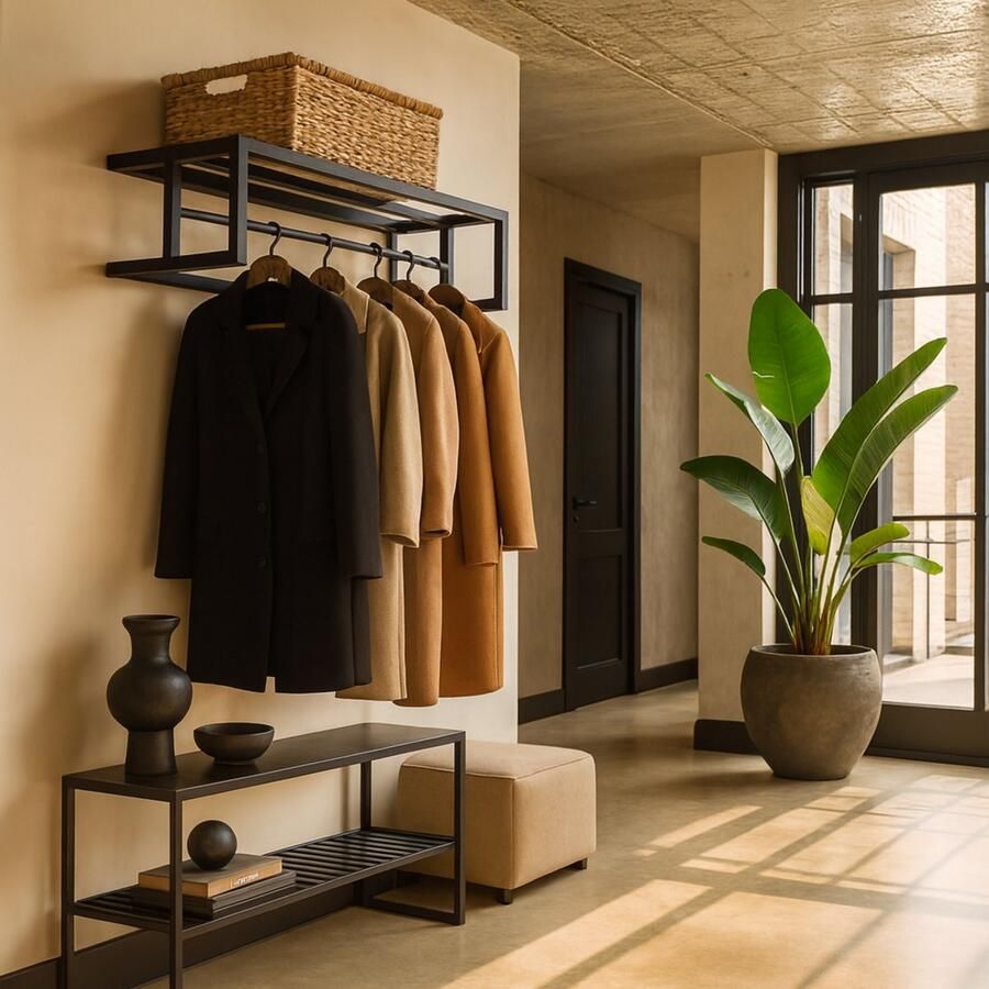 Indusigns stalen kapstok voor aan de wand TYPE 1 MET ROEDE wandkapstok zwart hoedenplank L 95cm x D 47cm x H 28cm industrieel modern design hal gang entree - Foto 2