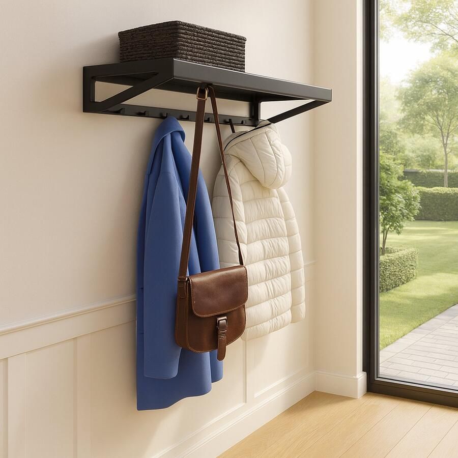 Indusigns Wandkapstok met Hoedenplank Type 2 Staal Zwart 79cm x 25cm x 10cm Wandkapstok Wandgarderobe Muurkapstok Jashanger Jashaken Plank Design Metaal Uniek Hal Gang Wand Muur Modern Industrieel Interieur - Foto 2