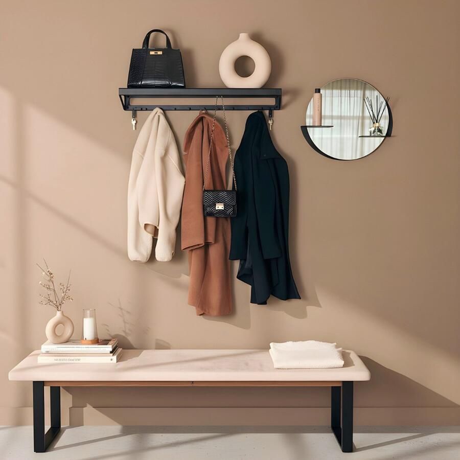 Indusigns Wandkapstok met Hoedenplank Type 2 Staal Zwart 95cm x 25cm x 10cm Wandkapstok Wandgarderobe Muurkapstok Jashanger Jashaken Plank Design Metaal Uniek Hal Gang Wand Muur Modern Industrieel Interieur - Foto 3