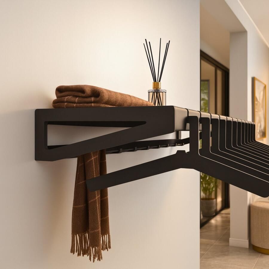 Indusigns Wandkapstok met Hoedenplank Type 1 Staal Zwart 119cm x 30cm x 10cm Kapstok Wandgarderobe Muurkapstok Jashanger Jashaken Design Plank Metaal Uniek Hal Gang Entree Wand Muur Modern Industrieel Interieur - Foto 2