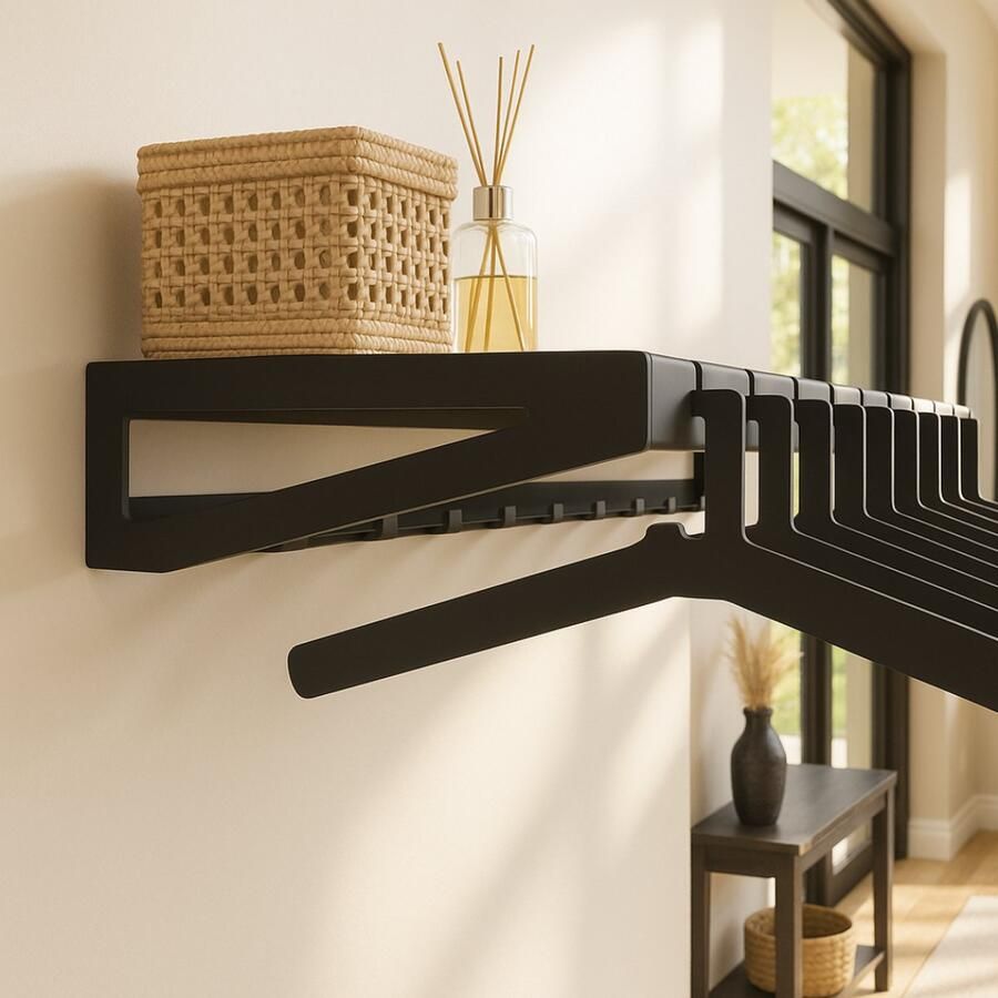 Indusigns Wandkapstok met Hoedenplank Type 1 Staal Zwart 79cm x 30cm x 10cm Kapstok Wandgarderobe Muurkapstok Jashanger Jashaken Design Plank Metaal Uniek Hal Gang Entree Wand Muur Modern Industrieel Interieur - Foto 2