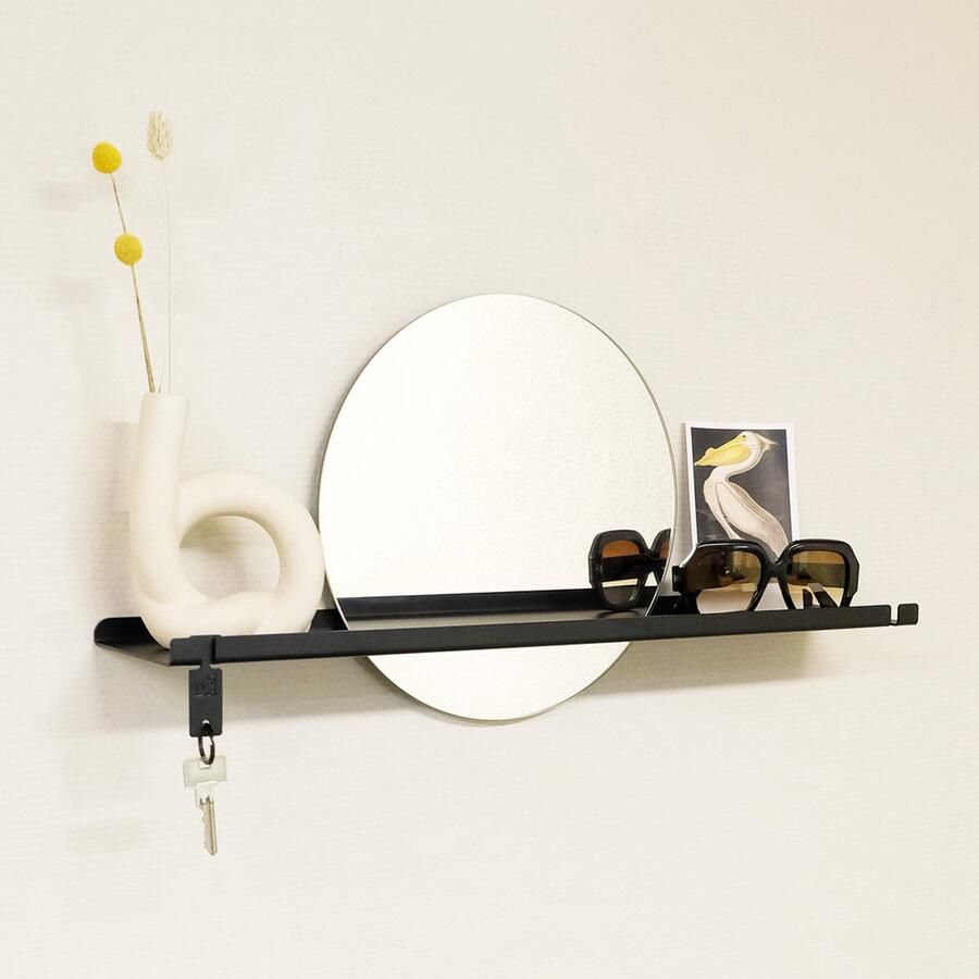 Indusigns Spiegelplank Wandplank met ronde spiegel Muurspiegel Mirror Glas: Ø30cm Zwart Organisch Staal Metaal Design Woondecoratie Plankje Plank Uniek Modern Industrieel Hal Toilet Wc Woonkamer Slaapkamer - Foto 2