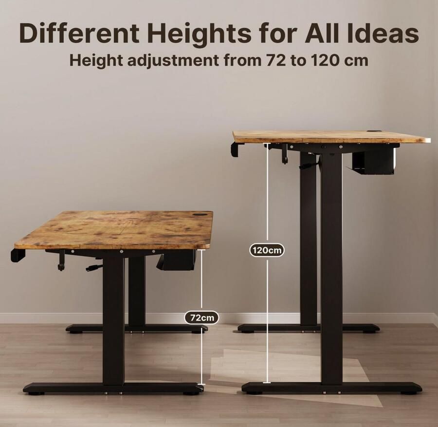 Indusitralhome Elektrisch In Hoogte Verstelbaar Bureau – 120 x 60 cm – Zit-Sta Bureau met 4 Geheugenstanden Kabelmanagement Opbergvakken & Haken – Rustiek Bruin – Ergonomisch Staand Bureau voor Thuiswerken & Gaming – Tot 80 kg Draagkracht