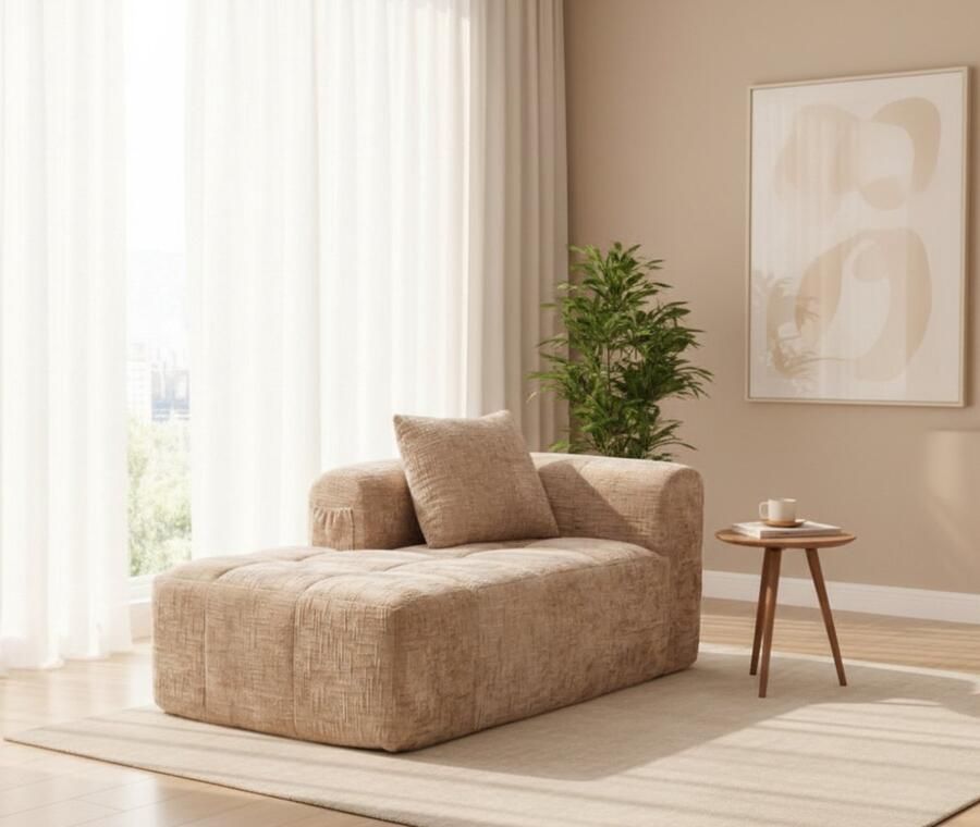 Industrailhome 1-zitsbank Industrialhome Luxe Chenille Kaki – 158x90x39 cm – Moderne Gestoffeerde Stoel met Meridiaan Kussen & Zijzakken – Comfortabele Loungebank voor Woonkamer of Slaapkamer