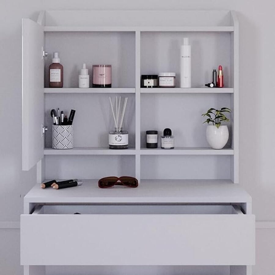 Industrailhome Luxe Make-Up Tafel “Laura Deluxe” – Witte Kaptafel met Spiegel LED-Verlichting & Krukje – Moderne Houtlook – 70 cm – Inclusief Opbergruimte en Lade IndustrialHome