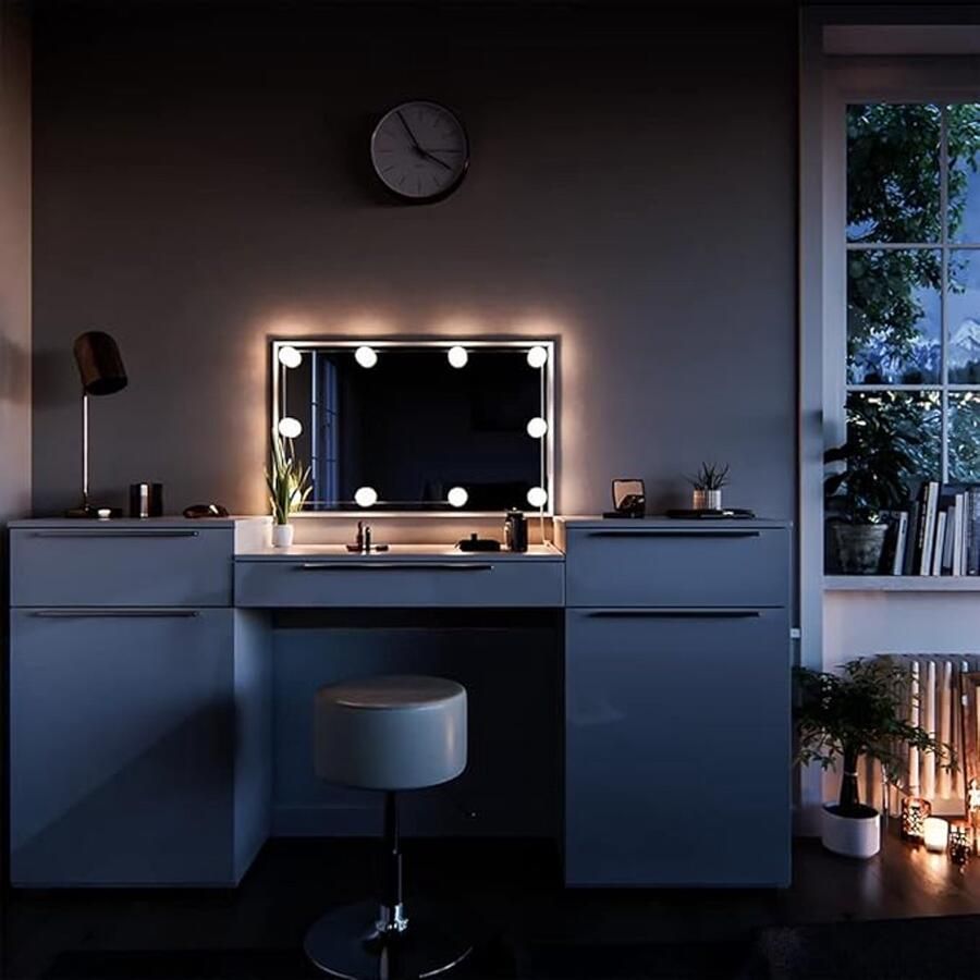 Industrailhome Luxe Make-Up Tafel Livia – 190 cm Wit Hoogglans met LED-Verlichting Spiegel en Comfortabele Kruk – Moderne Kaptafel met 3 Lade-opslag Ideaal voor Slaapkamer en Dressing IndustrialHome