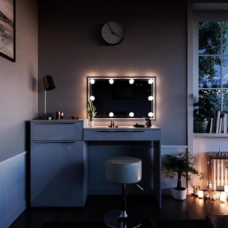 Industrailhome Luxe Make-up Tafel Luma – 135 cm – Hoogglans Wit – Kaptafel met Spiegel LED Verlichting & Krukje – Moderne Kaptafel met Opbergruimte IndustrialHome