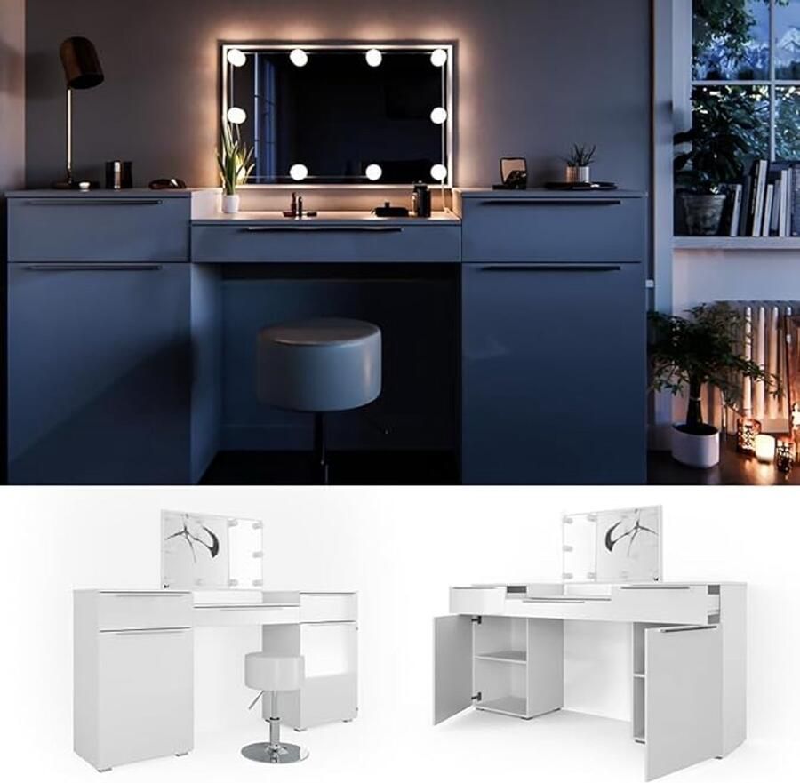 Industrailhome Luxe Make-Up Tafel “Luna” – Witte Hoogglans Kaptafel met LED Verlichting Spiegel & Kruk – 190 cm – Moderne Make-Up Tafel met Opbergruimte IndustrialHome