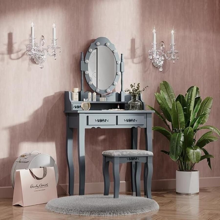 Industrailhome Luxe Make-up Tafel Set “Maggie” – Grijs 75 cm – LED-verlichte Spiegel 4 Laden & Comfortabele Kruk – Moderne Make-up Tafel voor Slaapkamer en Dressing IndustrialHome