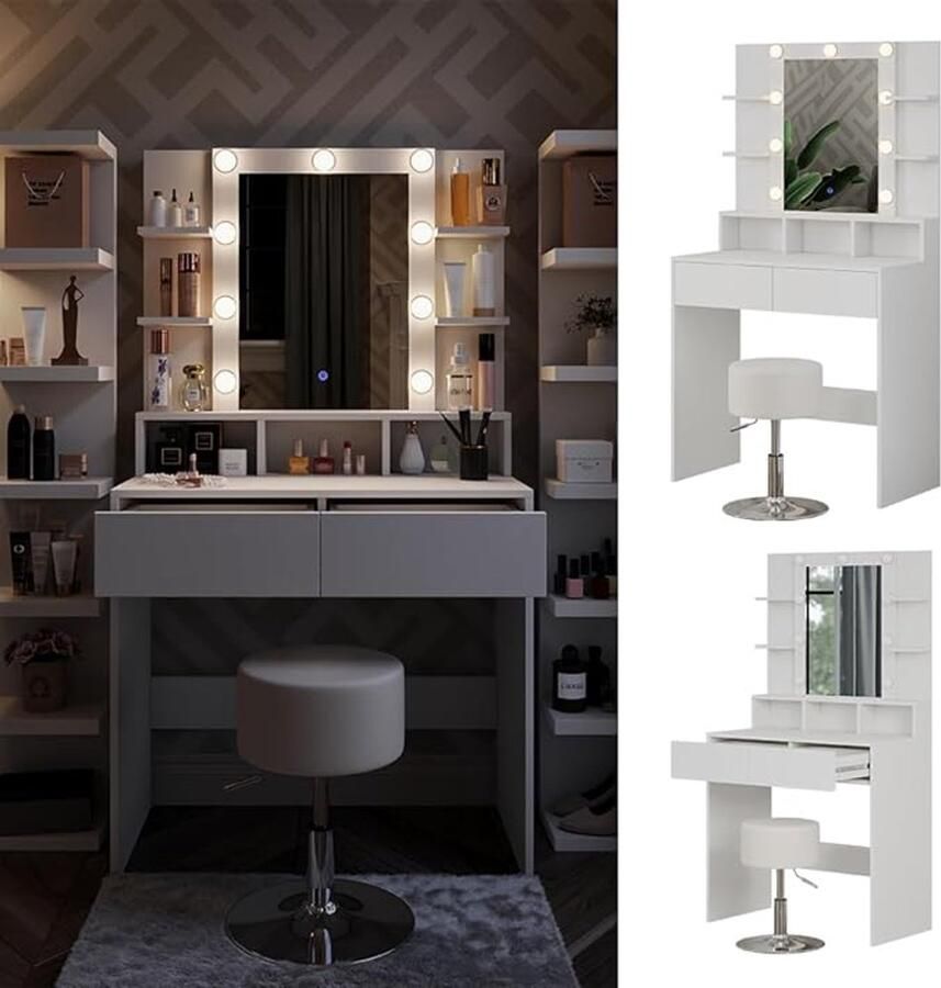 Industrailhome Luxe Make-up Tafel Taylor – Modern Witte Kaptafel met LED Spiegel 2 Laden & Hocker – Compact 80 cm – Make-up Meubel voor Slaapkamer & Dressing Room IndustrialHome