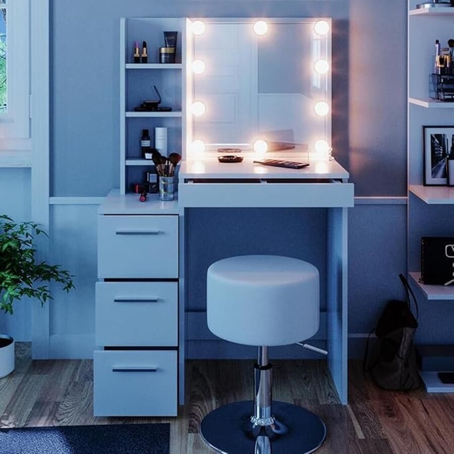 Industrailhome Luxe Make-up Tafelset Meryl Deluxe – Witte Kaptafel met Spiegel LED Verlichting & Krukje – Moderne Make-up Tafel met 4 Lades & Open Opbergvakken – 80 cm – Elegant Design voor Slaapkamer & Dressingroom IndustrialHome