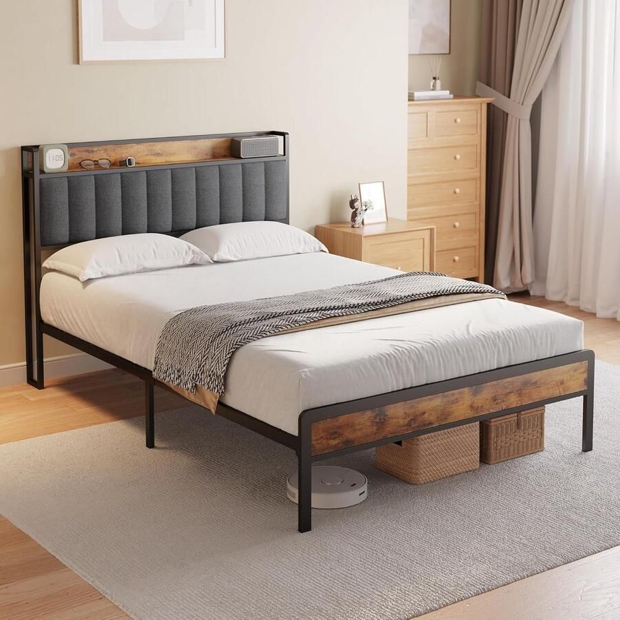 Industrailhome Tweepersoonsbed 140x200 cm met Opbergruimte – NoaHome Luxe Gestoffeerd Bed met Hoofdbord Stevige Metalen Frame & Houten Lattenbodem – Comfortabel Duurzaam & Geluidloos Design – Donkergrijs