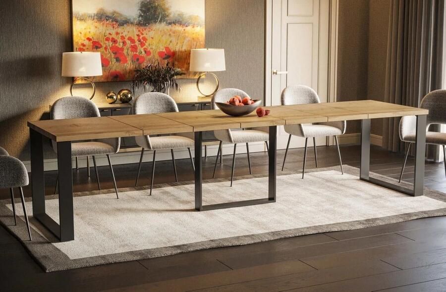 Industrial-Home Ambachtelijk Eiken Uitschuifbare Eettafel – 130-330 cm – Luxe Eettafel met Gouden Frame – Verlengbaar & Onderhoudsvriendelijk – Modern & Stijlvol Calera Goud