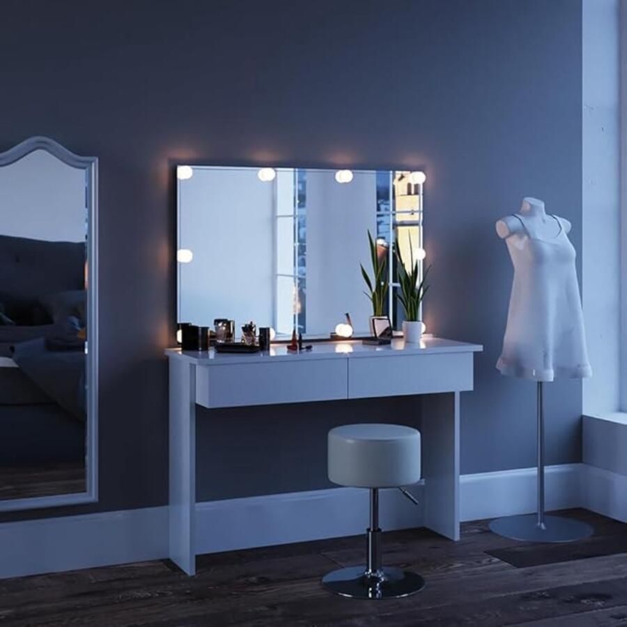Industrial-Home “Azure Luxe” Make-Up Table with LED Lighting & Stool – 120 cm Modern Dressing Table – Glossy White Vanity Desk with Large Mirror 2 Drawers & Sturdy Wood Design – Elegant Beauty Station for Bedroom IndustrialHome