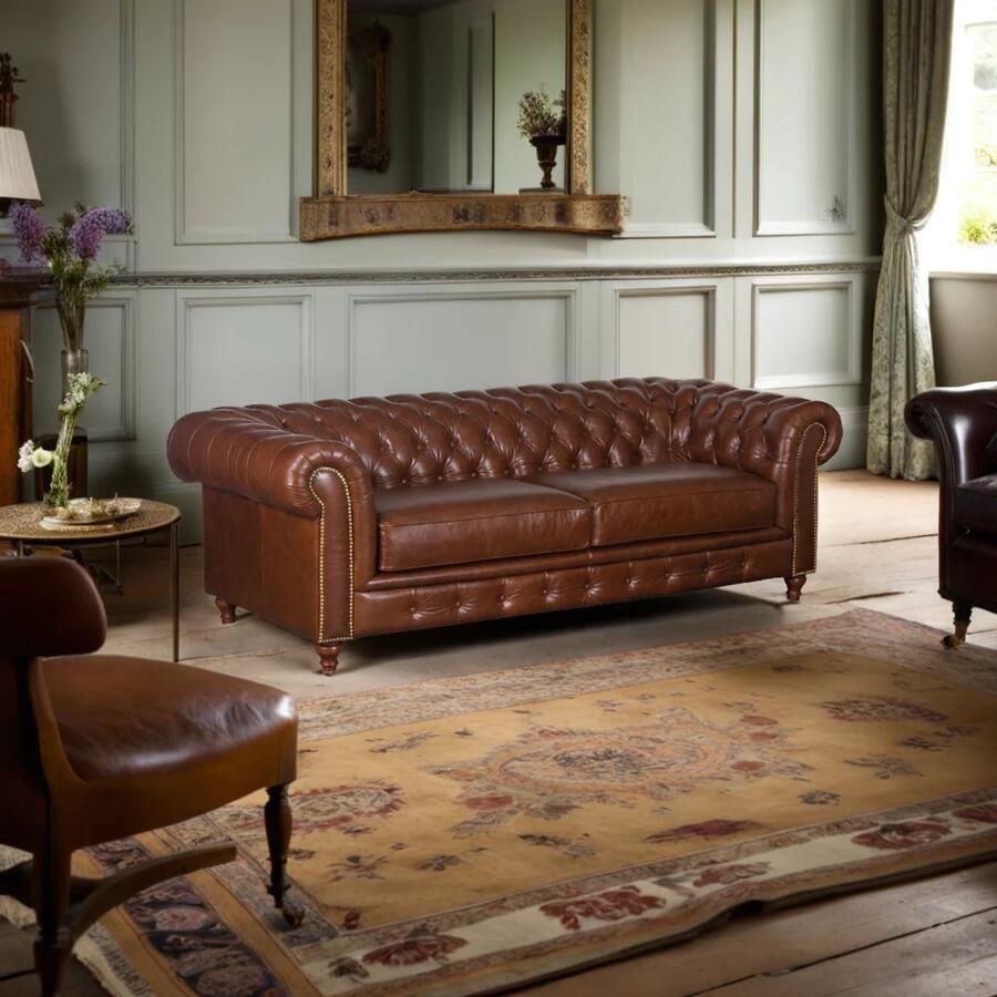 Industrial-Home Chesterfield Belmont Leren Bank antiek 2-zits – 224 x 99 x 72 cm – Tijdloos Design met Industrieel Karakter Industrialhome chesterfield bank Nieuw bruin ruiten echt leer