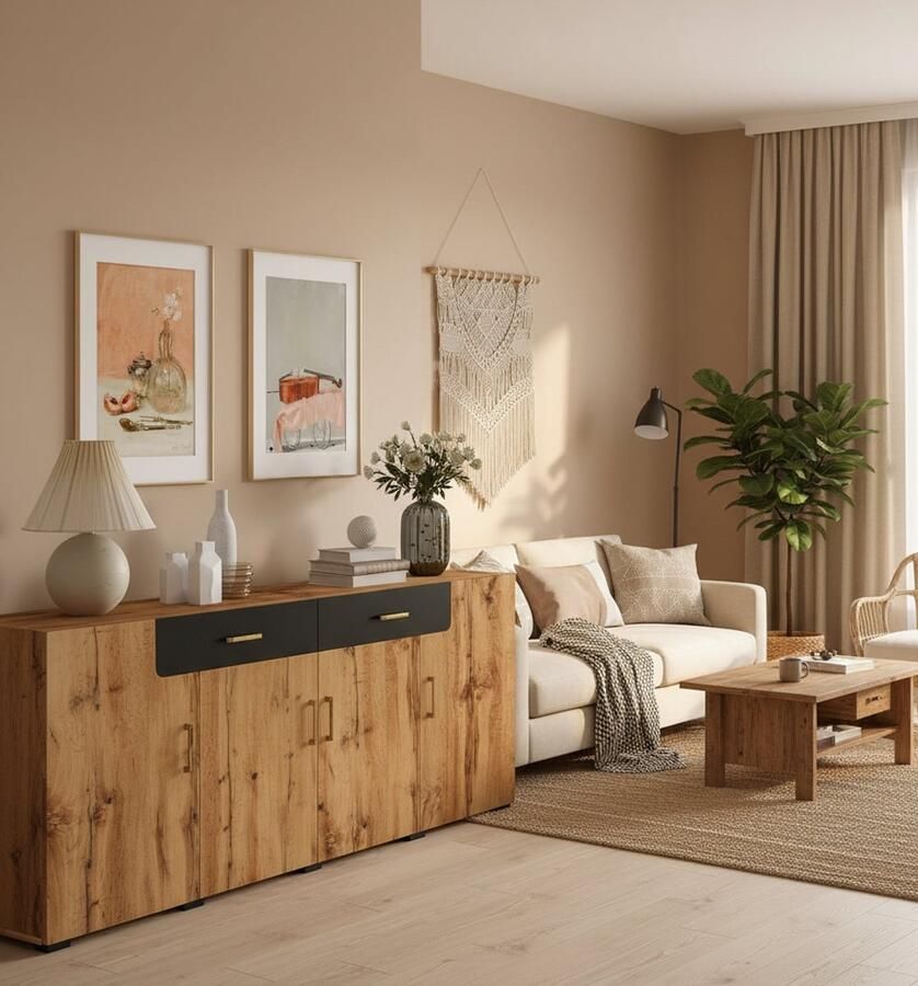 Industrial-Home Dressoir & TV-Meubel – 208x39 5x80 cm – Zwart & Bruin – Marmerlook Opbergkast met 4 Deuren & 2 Laden – Modern Industrieel Design – Grote Opbergruimte – Keukenkast Woonkamer Kast Commode