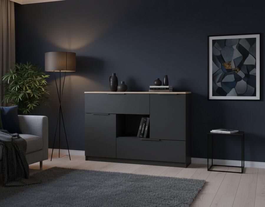 Industrial-Home Dressoir Modern Avelin Antraciet Sonoma 120x83 6 cm Opbergkast met 2 Deuren 2 Laden & Open Vak Woonkamer & Eetkamer Meubel Melaminehars Gecoat Slijtvaste Afwerking