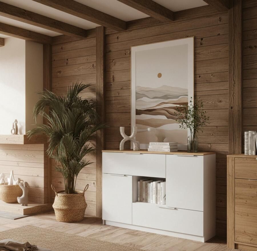 Industrial-Home Dressoir Modern Elara Wit Sonoma 120x83 6 cm Opbergkast met 2 Deuren 2 Laden & Open Vak Huiskamer & Slaapkamer Meubel Melaminehars Gecoat Slijtvaste Afwerking