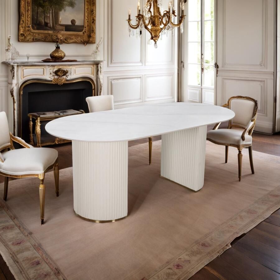 Industrial-Home Eettafel 180 x 90 cm – Luxe Wit Marmerlook Tafelblad Gouden Stalen Onderstel Deens Ovaal Ontwerp – Stijlvolle Eettafel voor 4 Personen Duurzaam Stevig en Onderhoudsvriendelijk – Moderne Eettafel voor Eetkamer Keuken Vergaderruimte Eenvoudig te