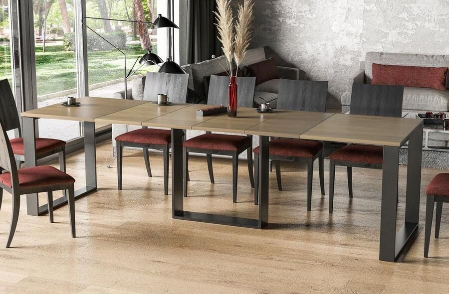 Industrial-Home Eiken Uitschuifbare Eettafel (130-330 x 80 x 75 cm) – Verlengbaar Tafelblad Robuust Metaal en Bewerkt Hout – Modern Design voor 4 tot 8 Personen Eiken Calera uitschuifbaar eetkamer