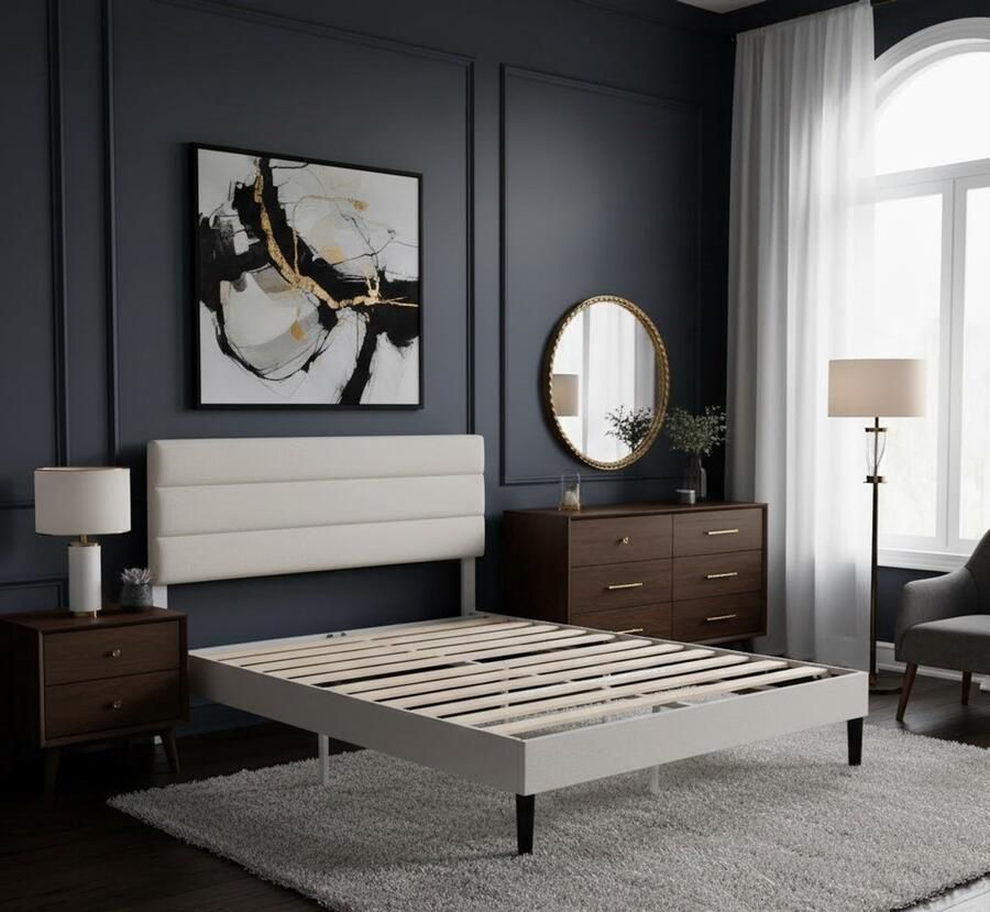 Industrial-Home G Industrialhome Luxe Gestoffeerd Bedframe met Hoofdbord 140x200 cm Crème Off-White Modern Design Inclusief Houten Lattenbodem Geen Boxspring Nodig Hoogte 30 cm Zacht & Stevig Stalen Constructie Snel & Eenvoudig te Monteren