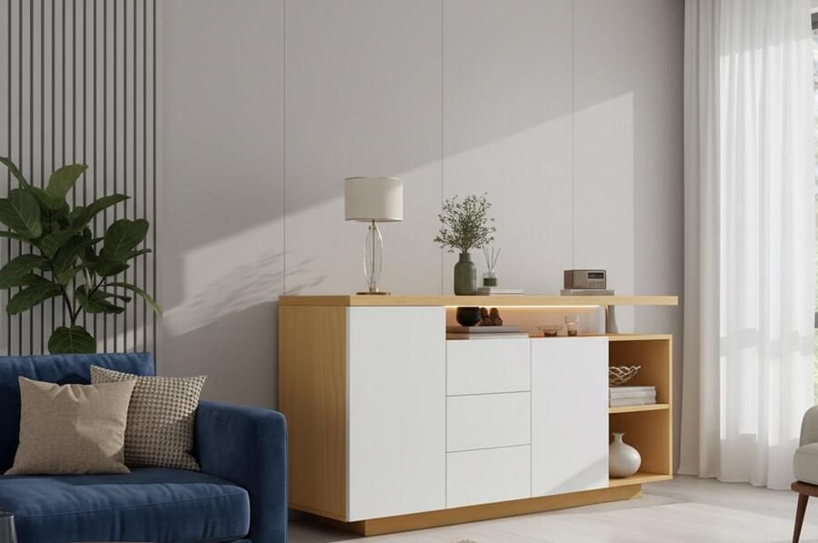 Industrial-Home Hoogglans LED Dressoir Modern Buffet met 4 Glazen Planken en 2 Deuren Luxe Wit & Licht Eiken Opbergmeubel met RGB LED Verlichting en USB Aansluiting Staande Kast voor Woonkamer Hal & Keuken 140x40x80 cm