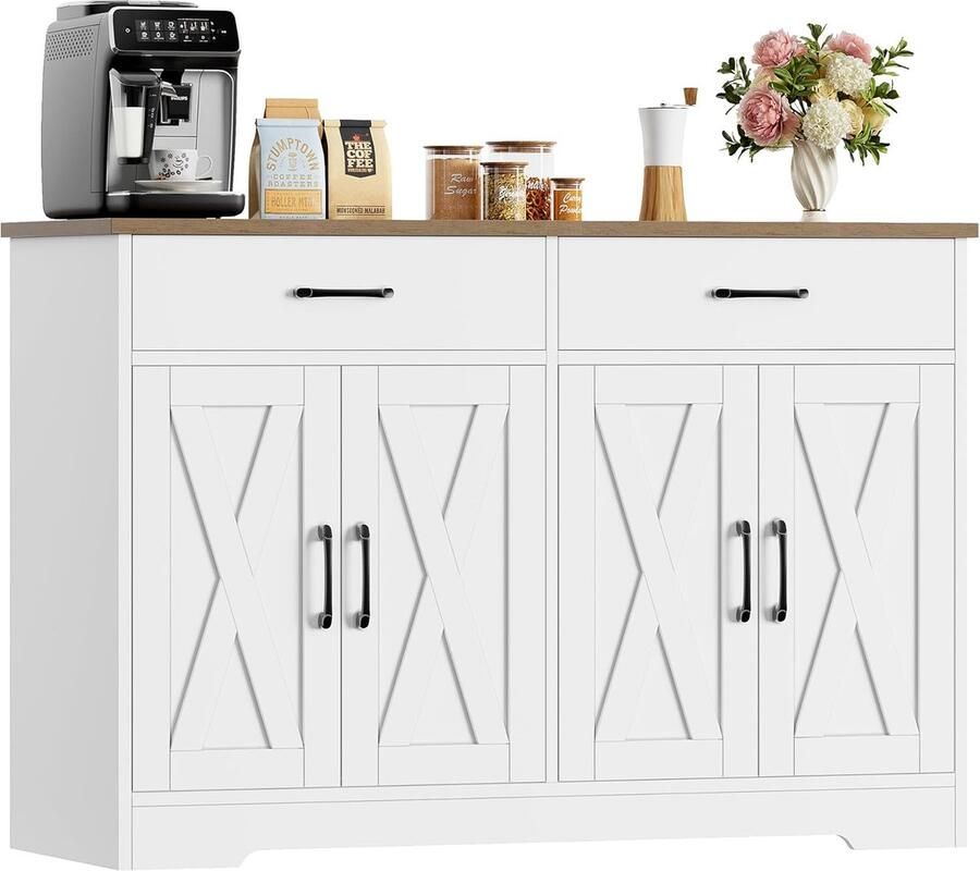 Industrial-Home Industrialhome Luxe 120 cm Dressoir met Houtlook Werkblad – Moderne Keukenkast met 2 Lades en 4 Deuren – Witte Buffetkast met Bruine Houten Top – Grote Opbergkast voor Woonkamer Keuken & Hal – Stijlvol en Duurzaam Ontwerp