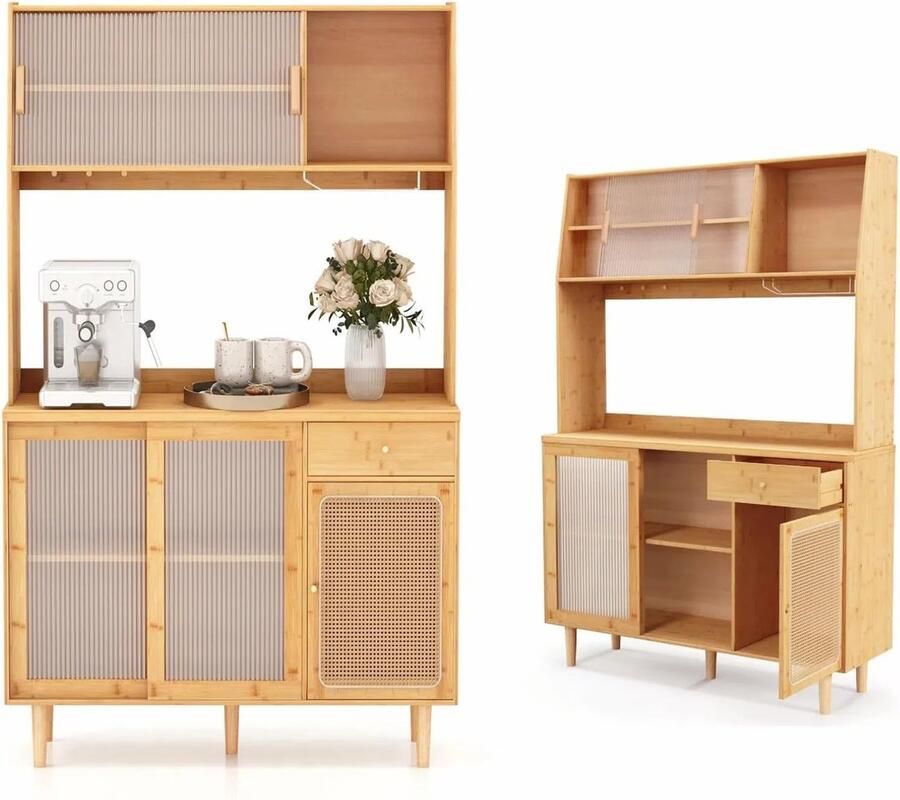 Industrial-Home Industrialhome Luxe Bamboe Dressoir met 3 Deuren en Lade – Hoog Keukenkast met Glazen Deuren Rieten Panelen & Werkblad – Veel Opbergruimte – 118 x 35 x 175 cm – Duurzaam & Stijlvol Voor Keuken Woonkamer of Eetkamer